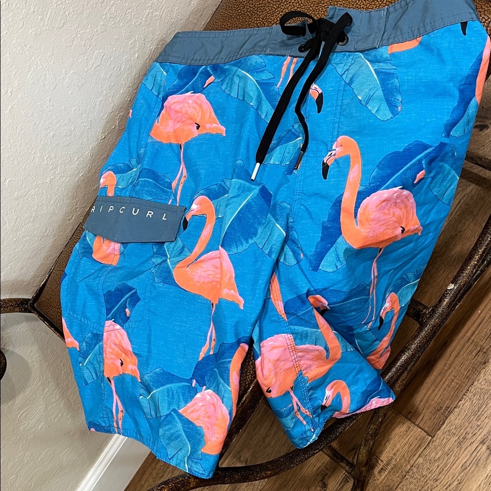 Rare Rip Curl Blue Swim Board Shorts with beautiful Pink Flamingo Print!